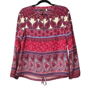 Crosby Paisley Top Womens Size L Red Blue White Waist Tie L/S Blouse